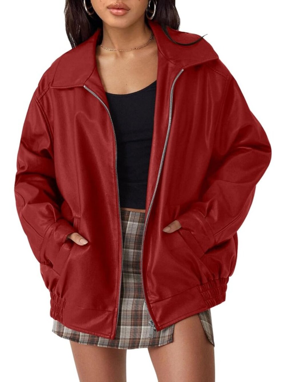 Women's Red Oversized Faux Leather Loose Weight Fall Winter Outerwear Jacket